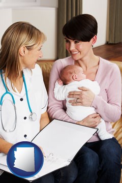 a midwife with a young mother and her baby - with Arizona icon