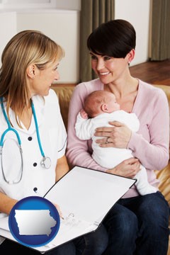 a midwife with a young mother and her baby - with Iowa icon