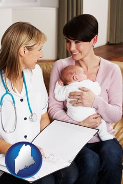 a midwife with a young mother and her baby - with Maine icon