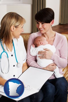 a midwife with a young mother and her baby - with Minnesota icon