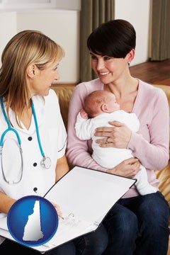 a midwife with a young mother and her baby - with New Hampshire icon