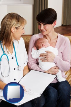 a midwife with a young mother and her baby - with New Mexico icon