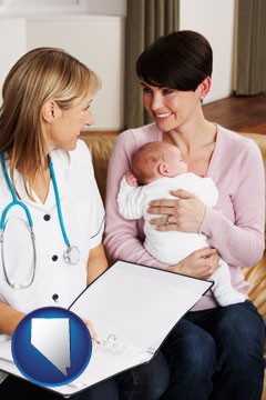 a midwife with a young mother and her baby - with Nevada icon